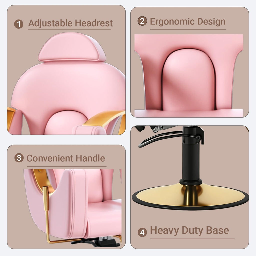 Salon Barber Chair for Hair Stylist, Professional Reclining Hydraulic Styling Chair with Heavy-Duty Pump, All Purpose Hairdresser Chair for Barbershop, Braiding, Shampoo, Spa Equipment, Cute Pink